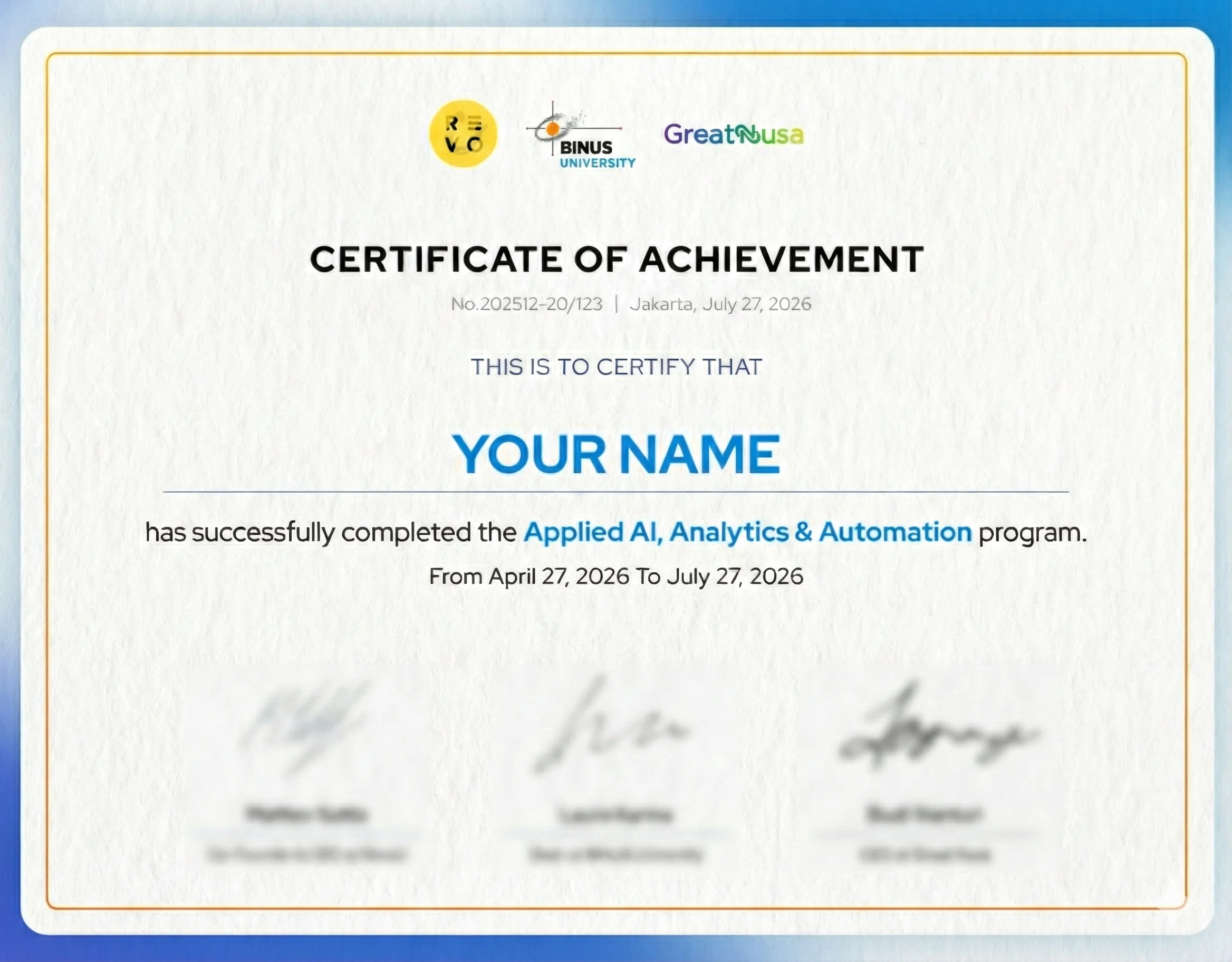 Binus University Certificate of Achievement